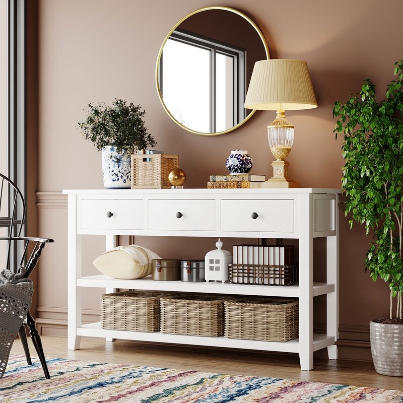 Modern Console Table with Pine Wood Frame and Legs 2 Open Shelves