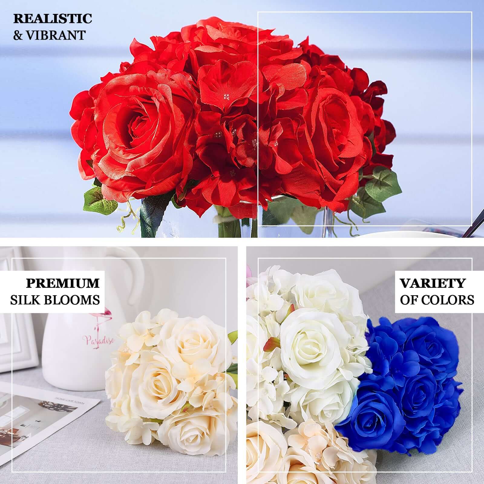 2 Bushes Coral Artificial Silk Rose and Hydrangea Mix Flower Bouquets