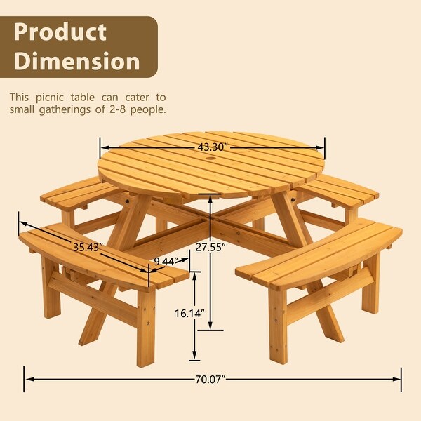 43.3'' Round Wooden Outdoor Picnic Dining Table with 4 Builtin Benches for 8 Person