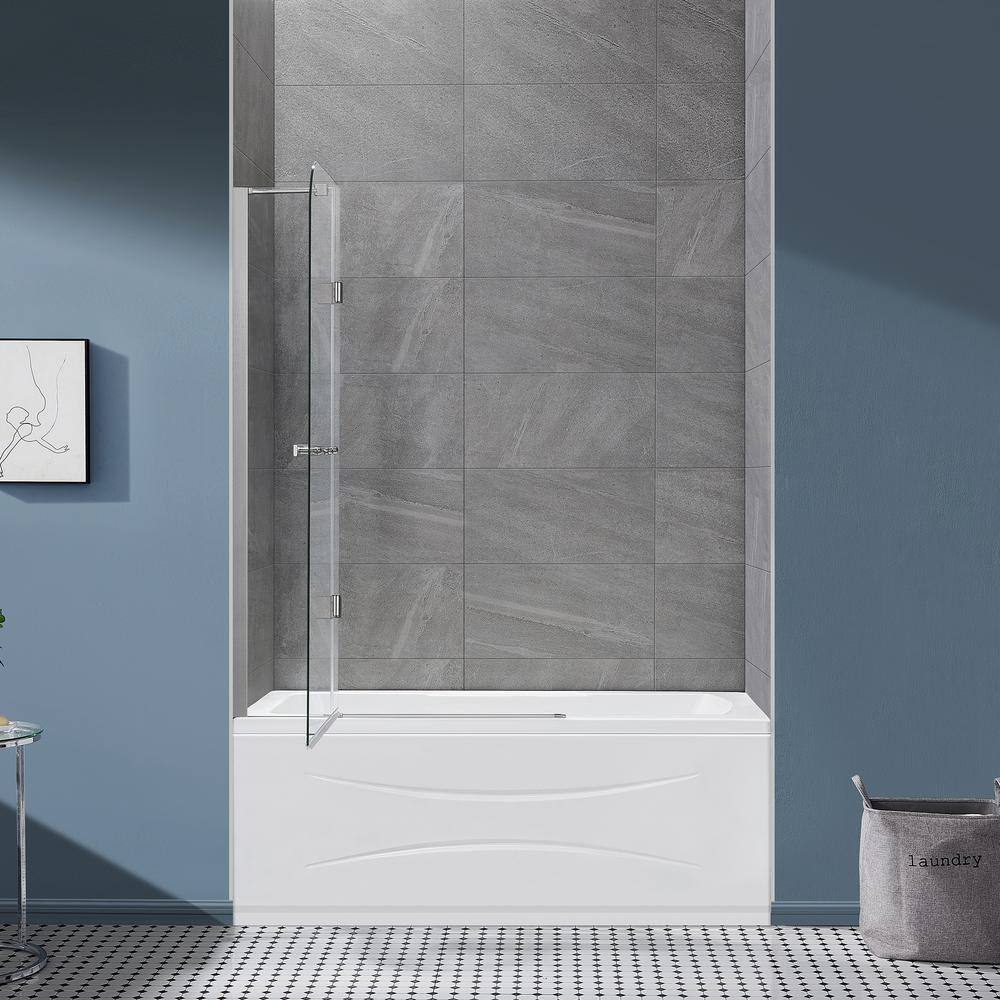 OVE Decors Annie 37.17 in. W x 57.99 in. H Pivot Frameless Tub Door in Satin Nickel 15BGP-ANNI36-SA