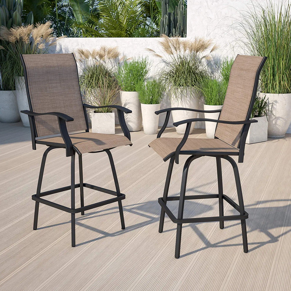 Set of 2 Outdoor Bar Stool  Swiveling Sling Fabric Seat With Curved Arms   Transitional   Outdoor Bar Stools And Counter Stools   by Decor Love  Houzz