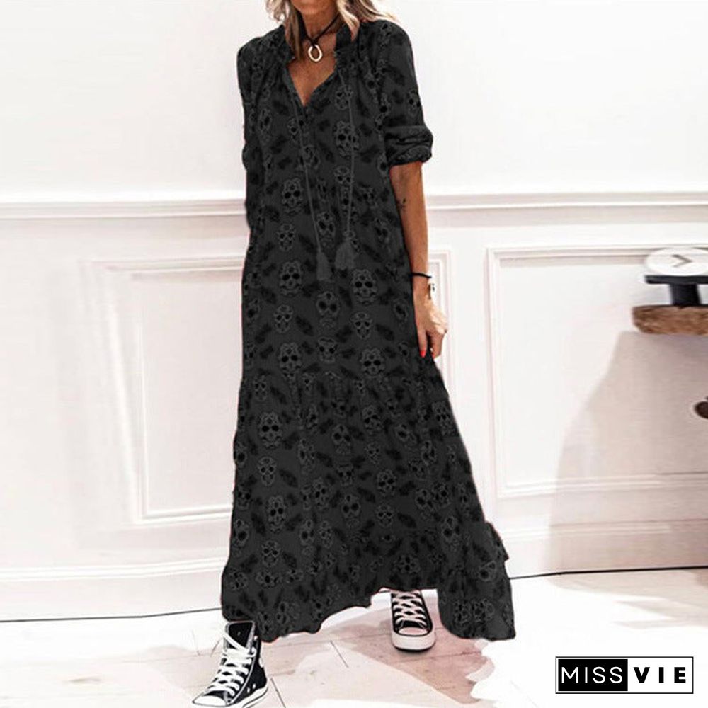 Long Sleeve V Neck Draw String Skull Print Long Maxi Dress