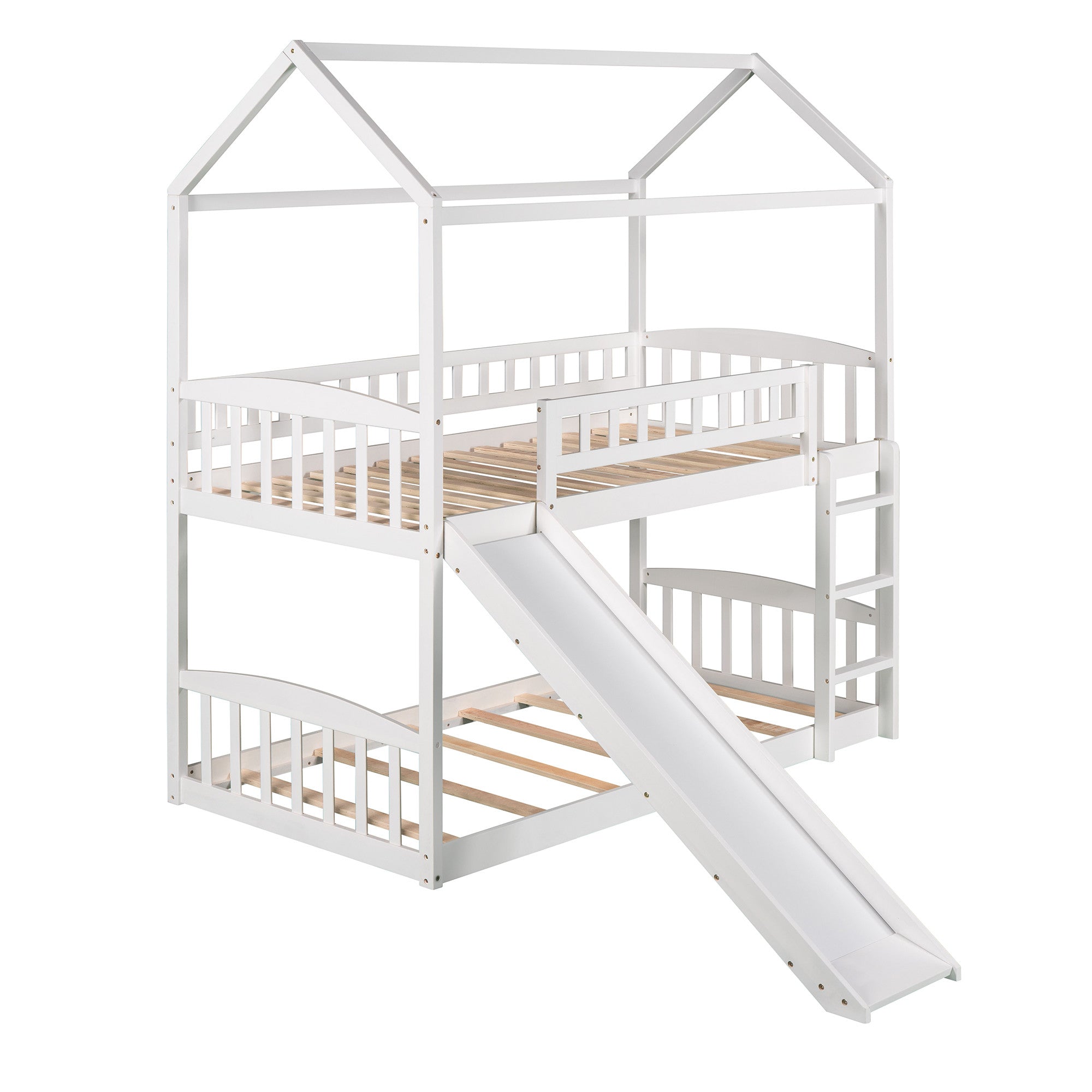 Bellemave Bunk Bed with Slide, Wood Twin Over Twin House Bed Frame with Ladder for Kids Teens(White)