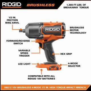 RIDGID 18V Brushless Cordless 4-Mode 12 in. High-Torque Impact Wrench (Tool Only) R86212B