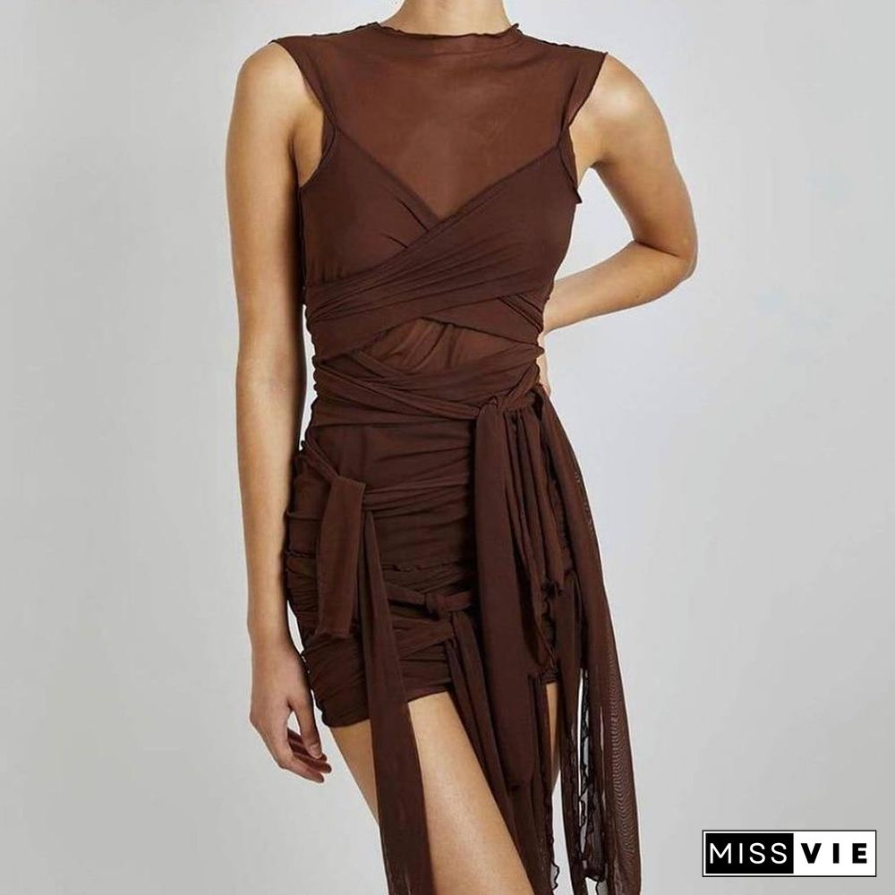 Brown Ribbons Mesh See Through Bodycon Party Dresses Women Sexy Clubwear Mini Dress Solid Sleeveless Basic Female платье Outfits