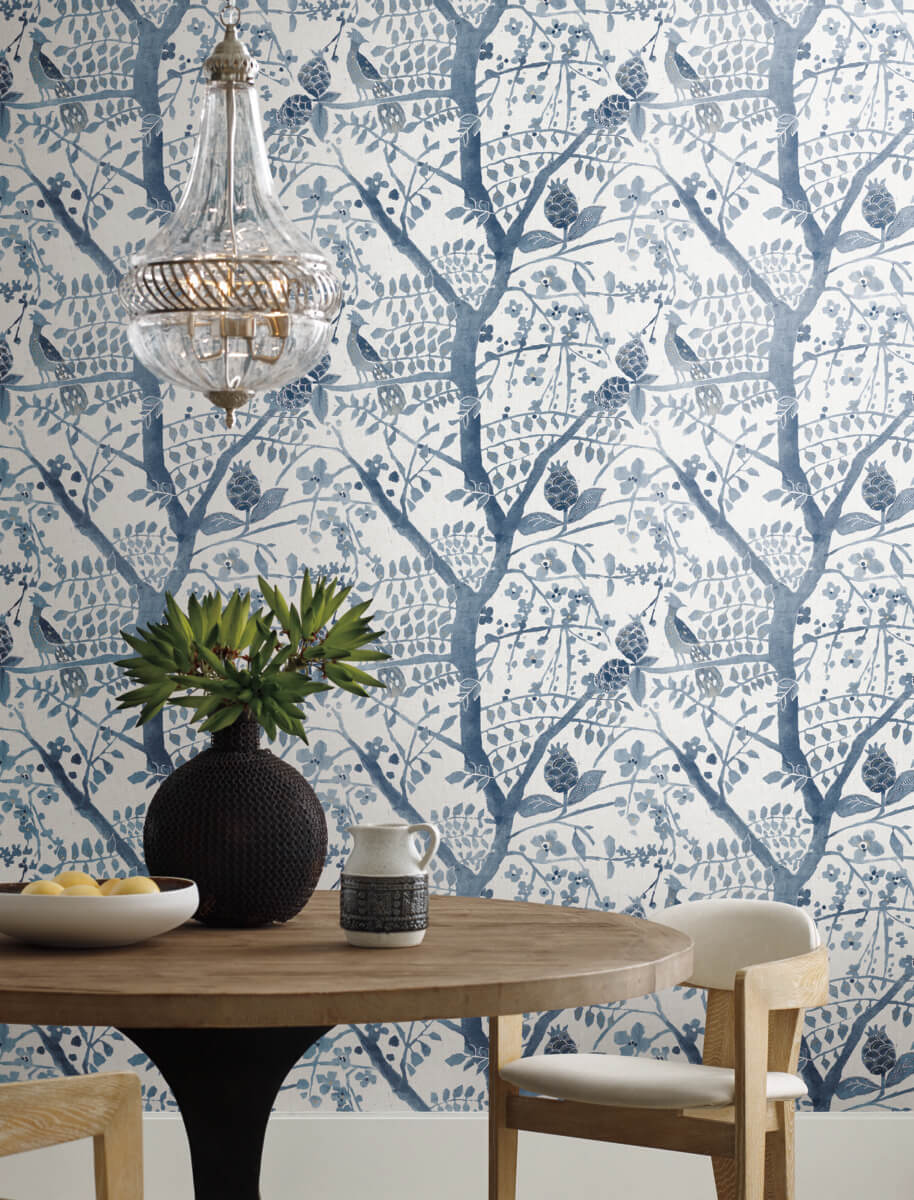 Peacock Block Print Wallpaper in Blue from the Bohemian Luxe Collection by Antonina Vella