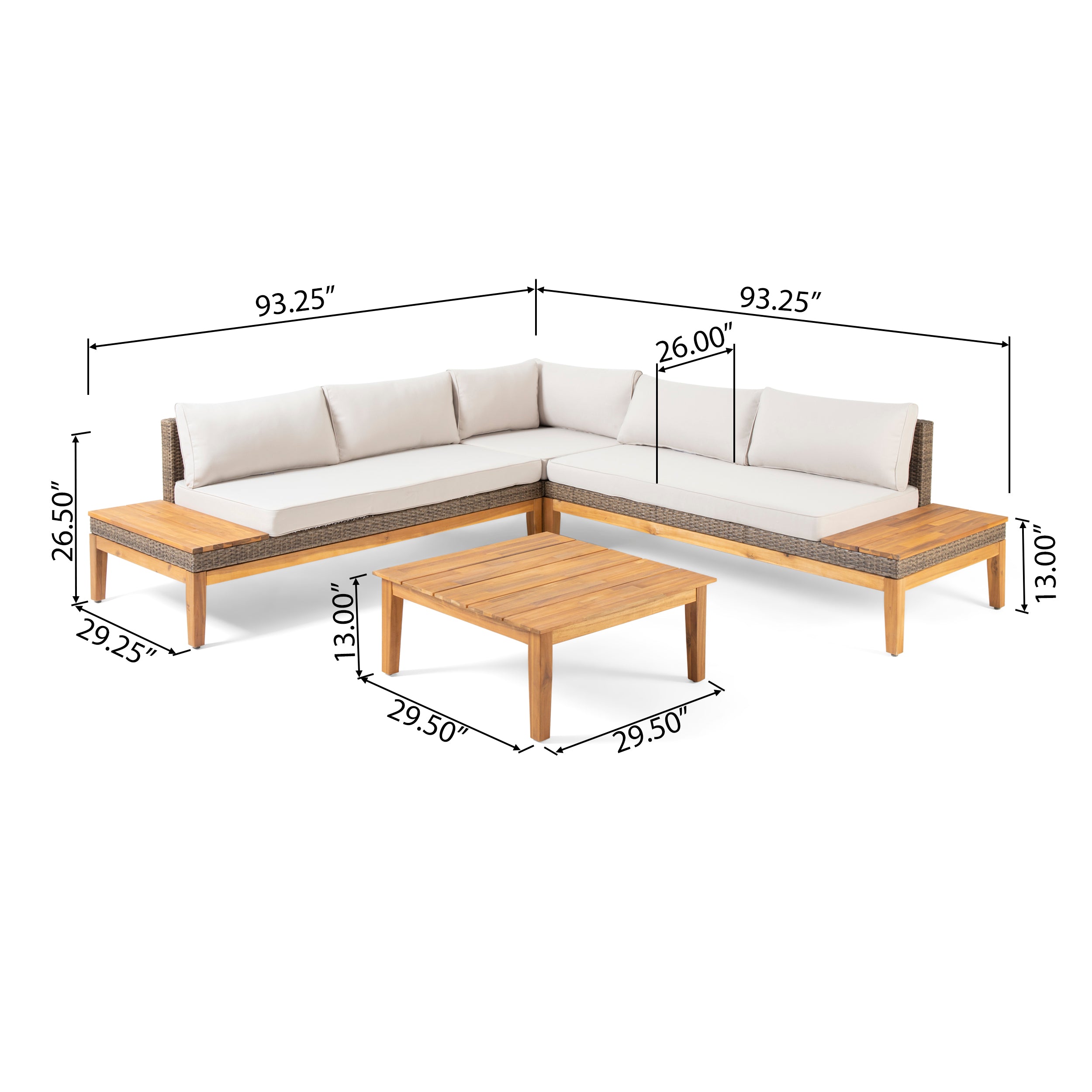 Emanuel Outdoor Acacia Wood and Wicker 5 Seater Sectional Sofa Set with Water-Resistant Cushions