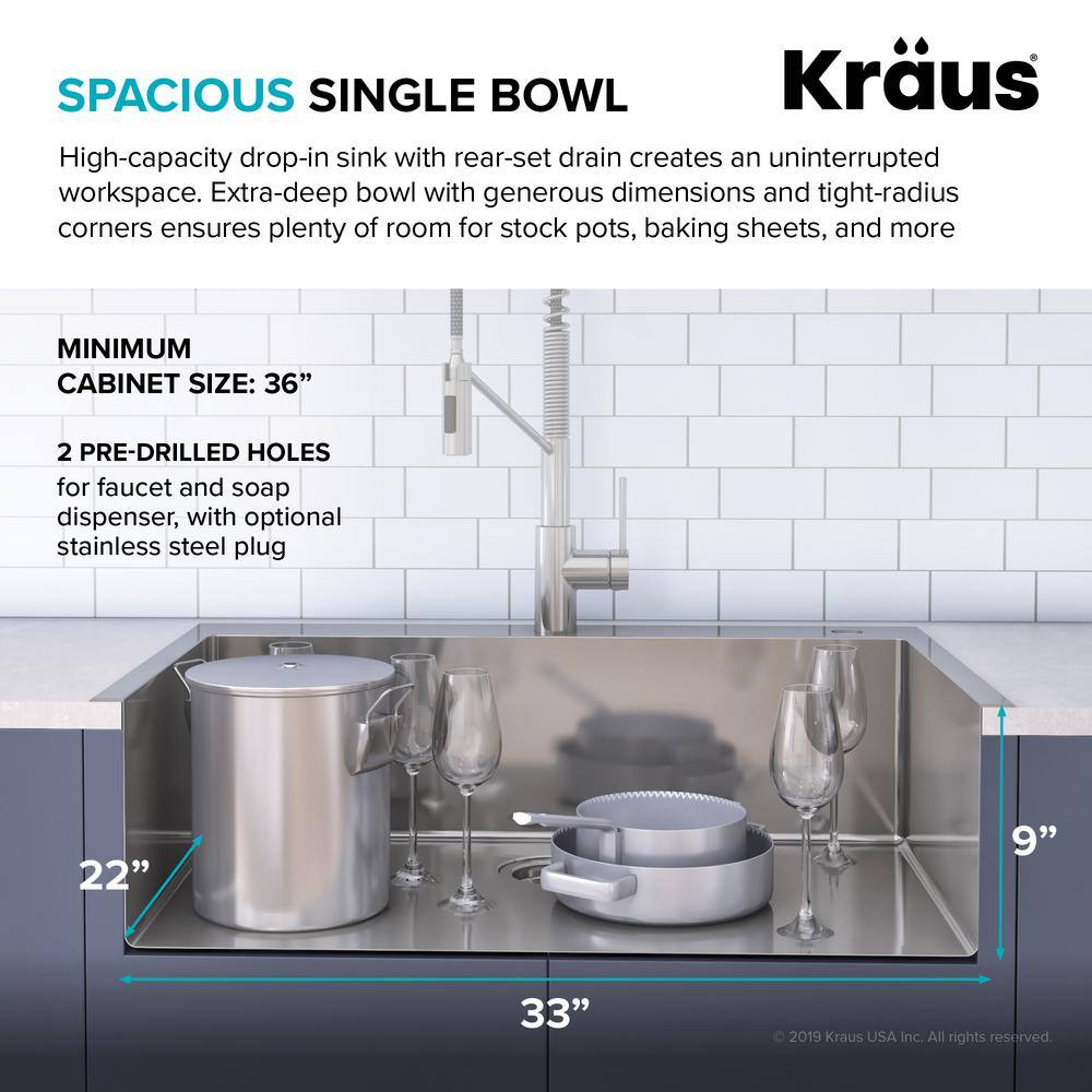 KRAUS Loften Stainless Steel 33in. Single Bowl Drop-in  Undermount Kitchen Sink with Stainless Steel Pull Down Faucet KCA-1102