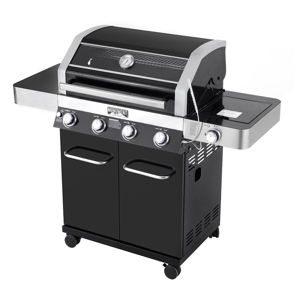 Monument Grills 4-Burner Propane Gas Grill in Black with ClearView Lid, LED Controls, Side Burner and USB Light 24633