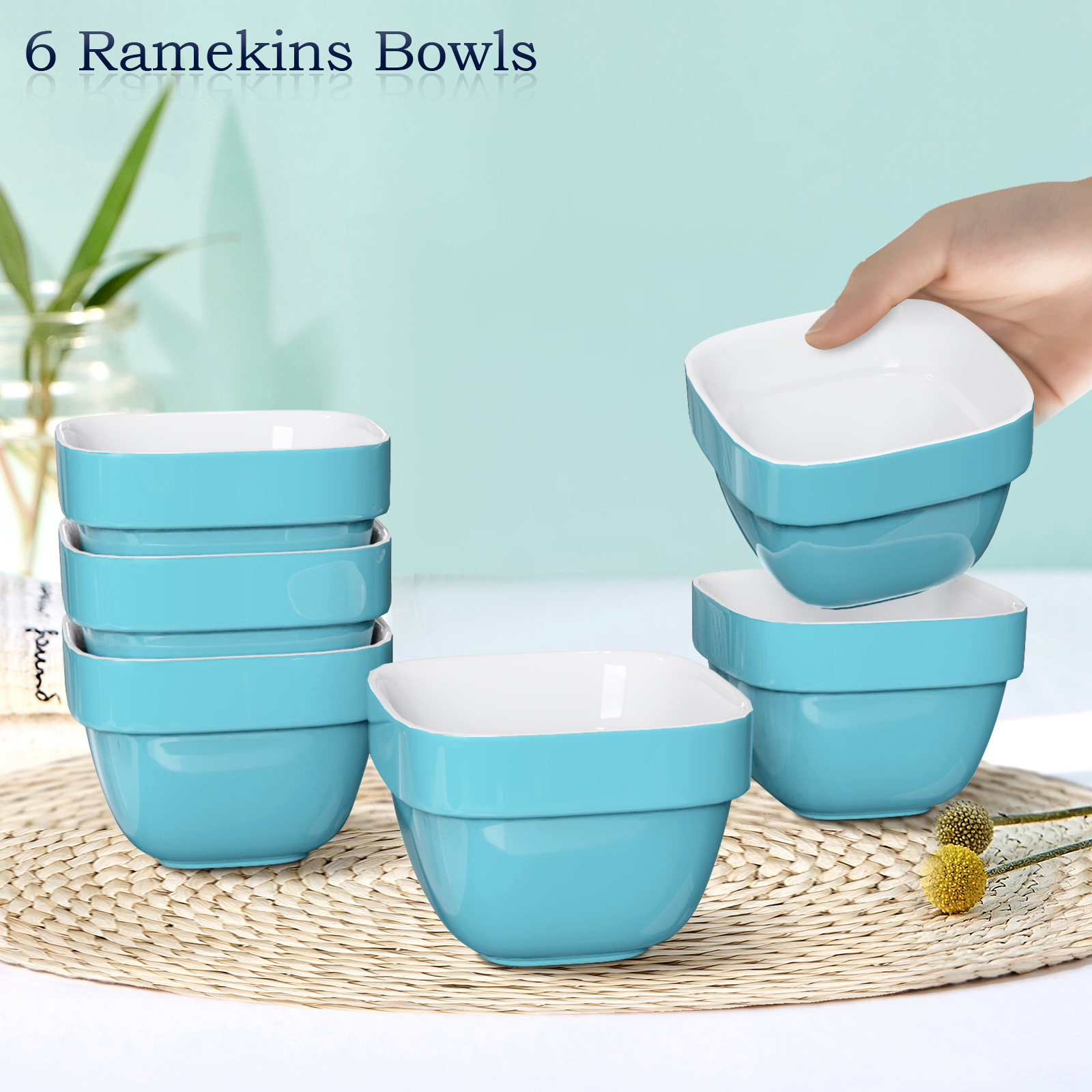 Uten 4oz Ceramic Baking Ramekins for Oven Safe， Appetizer Bowls Sauce Dipping Bowls， Set of 6， Blue