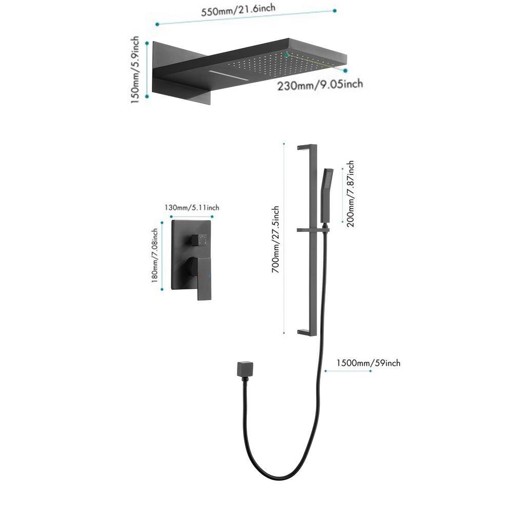 Nestfair 3-Spray Wall Bar Shower Kit with Waterfall Shower Head and Hand Shower in Matte Black DGP038M