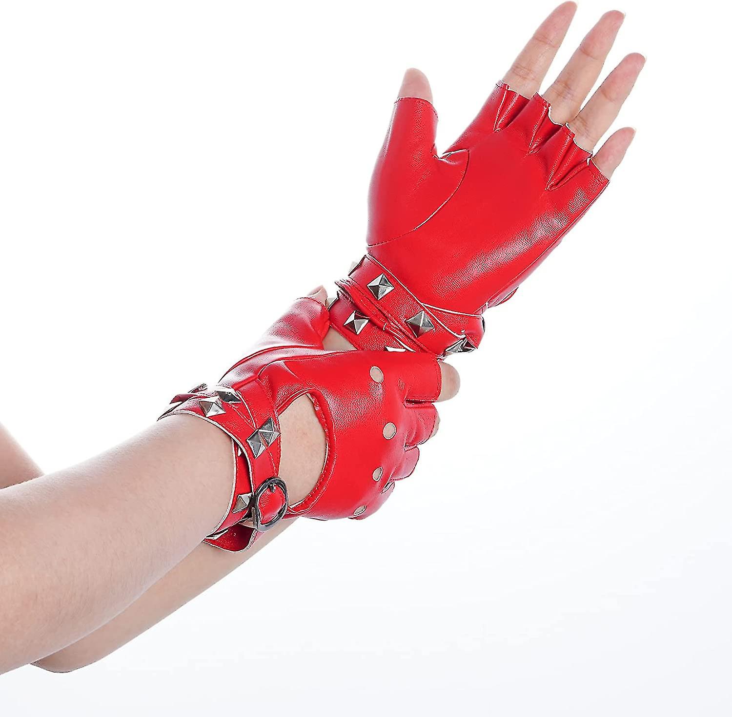 Women Punk Rivets Half Finger Pu Leather Performance Costume Fingerless Gloves