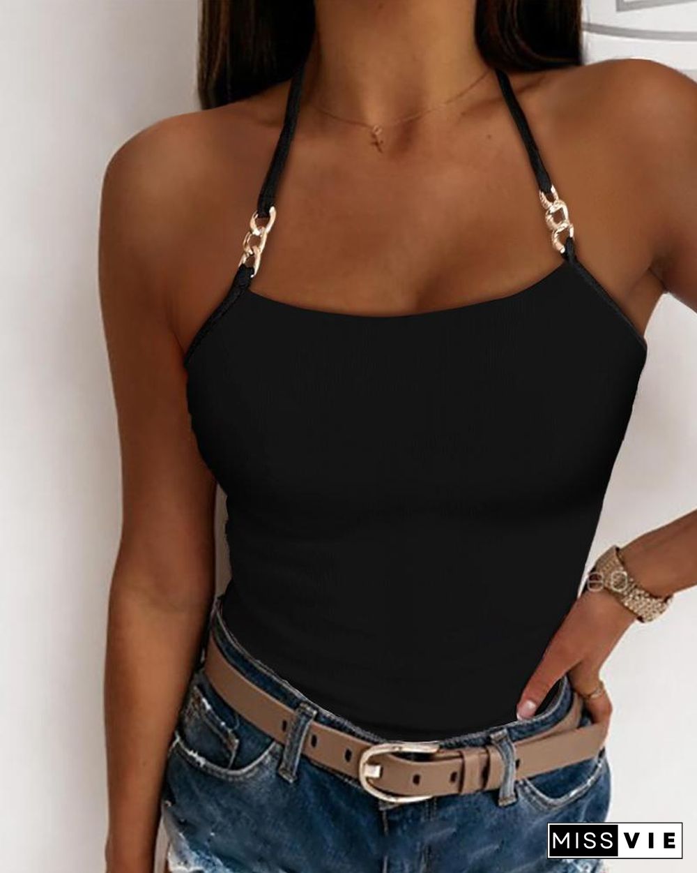 Chain Decoration Halter Tank Top