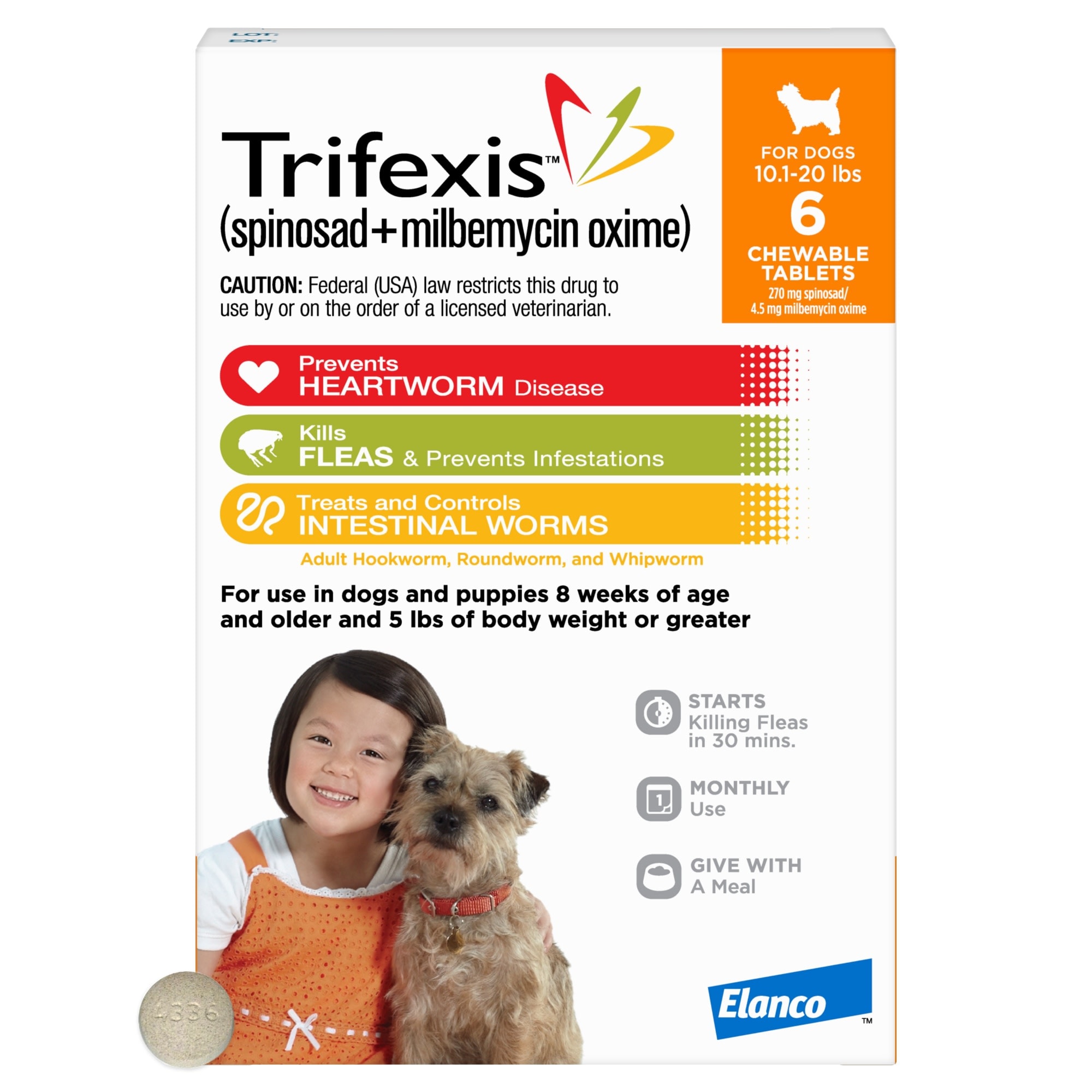 TRIFEXIS Chewable Tablets for Dogs 10.1 to 20 lbs， 6 Month Supply