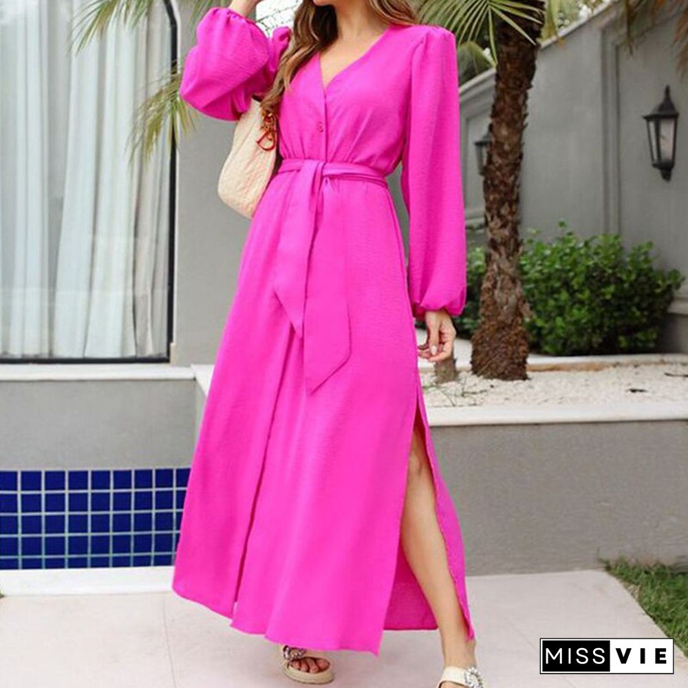 Autumn New Red Rose V-neck Lantern Sleeve Dress Female Elegant A-line Long Slit Dress Bohemian Solid Color Party Girl