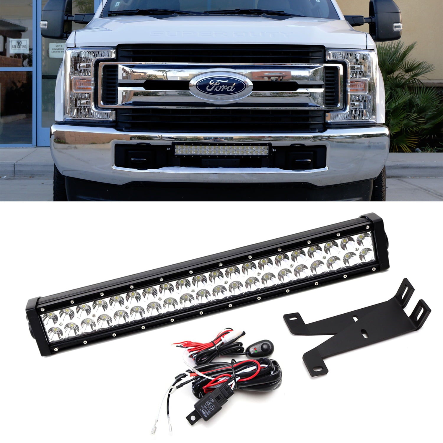 iJDMTOY Front Bumper Mount 20-Inch LED Light Bar Compatible With 2017-up Ford F250 F350 Super Duty， Includes (1) 120W High Power LED Lightbar， Lower Bumper Mounting Brackets and On/Off Switch Wiring