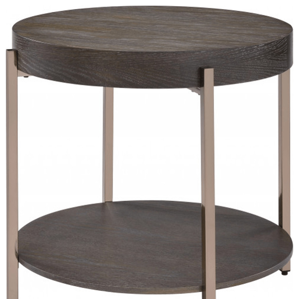 23 quotChampagne Metal And Dark Oak Manufactured Wood Round Two Tier End Table   Contemporary   Side Tables And End Tables   by HomeRoots  Houzz