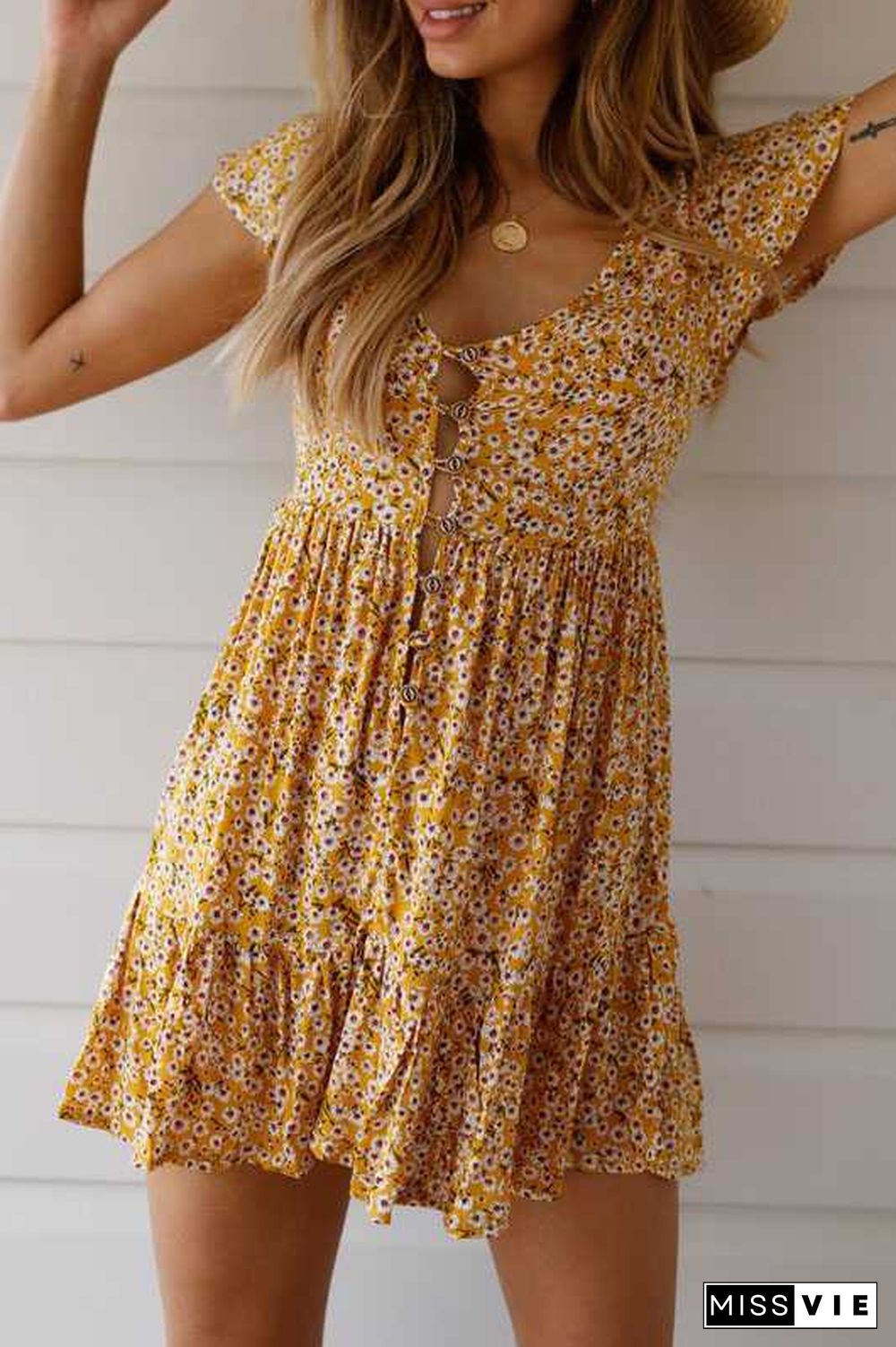 Cute Ditsy Floral Prints V Neck Button Through Mini Dress