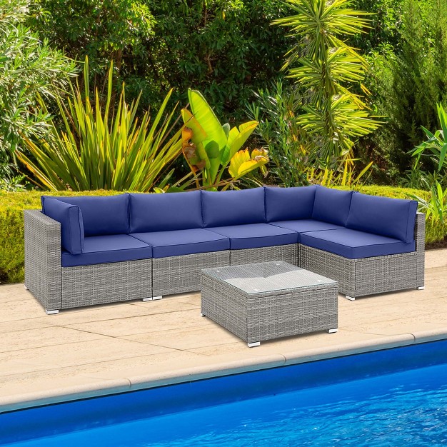 Costway 6 Pcs Patio Conversation Sofa Set Outdoor Rattan Furniture Cushioned Seat Navy