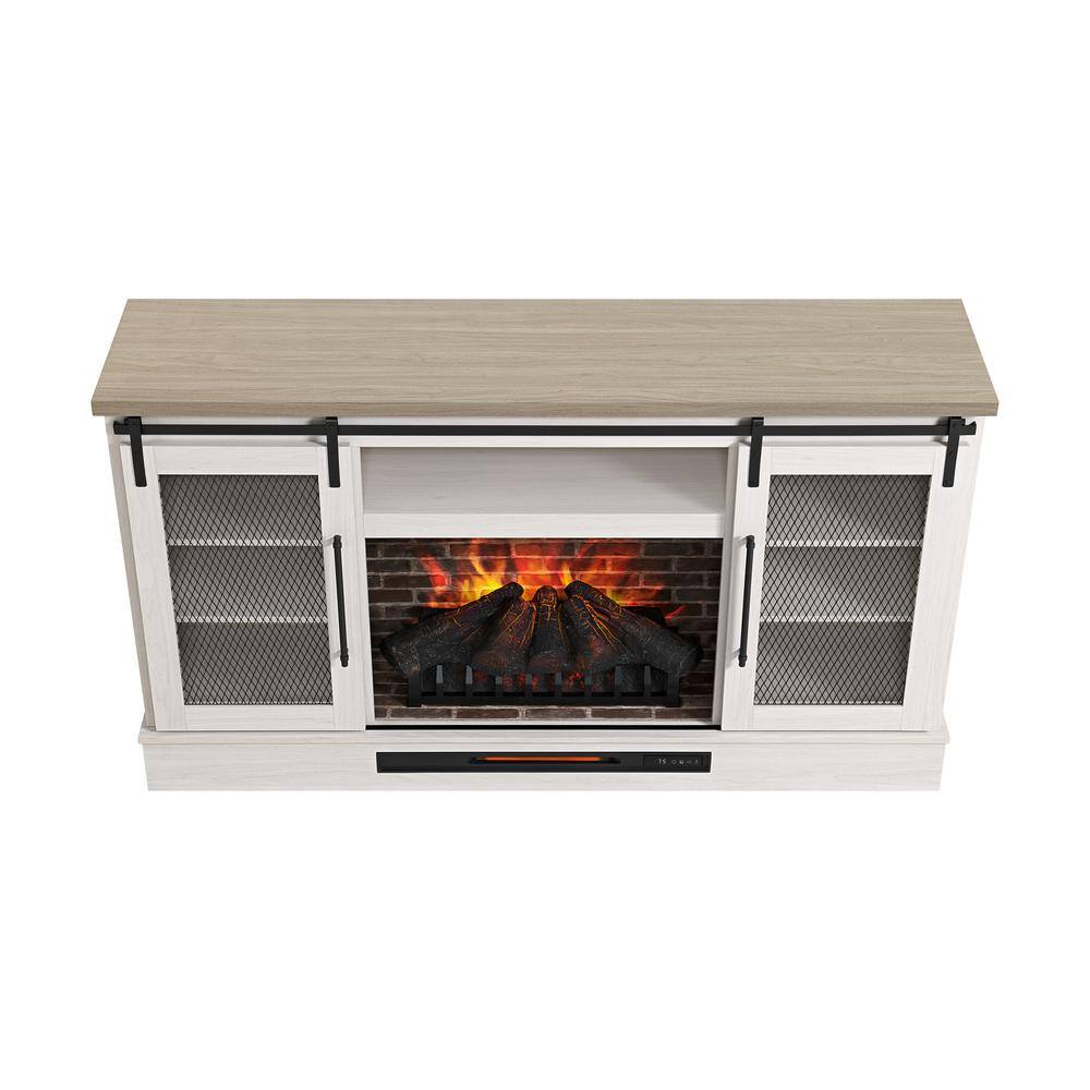 Home Decorators Collection Bramble 63 in. Freestanding Electric Fireplace TV Stand w Sliding Mesh Barn Door in White w Washed Blonde Walnut Top 1361FM-26-352