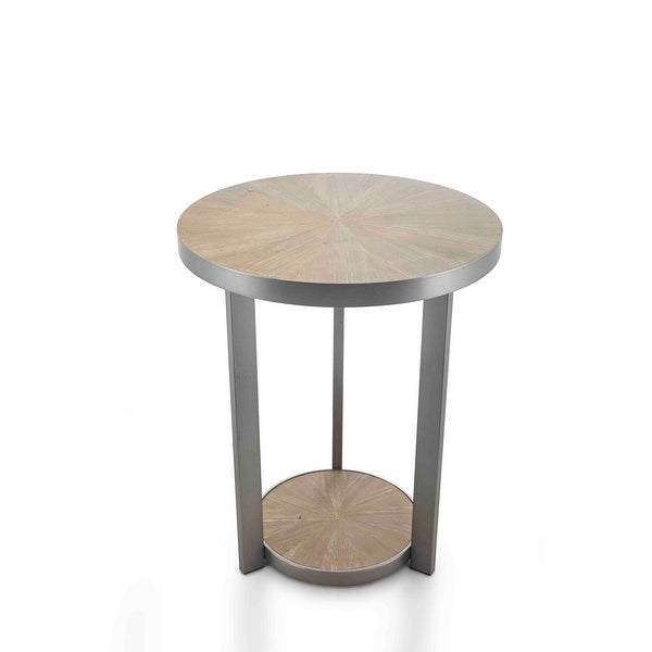 Modern Round Silver End Table， Contemporary Metal Frame Side Table for Living Room， 2-Tier End Table， Natural Wood and Silver