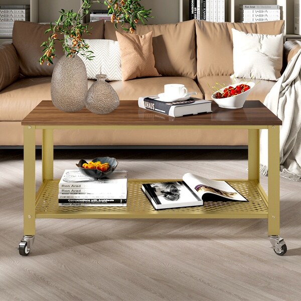 Natural Style Coffee Table with Golden Base and 4 Wheels at the Bottom for Living Room Bedroom