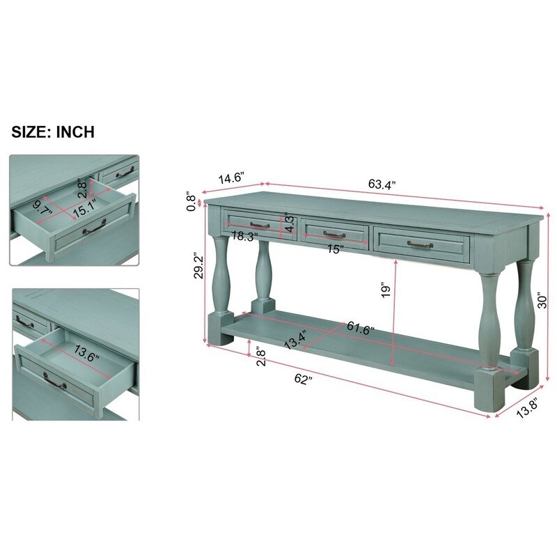 63inch Long Wood Console Table with 3 Drawers and 1 Bottom Shelf
