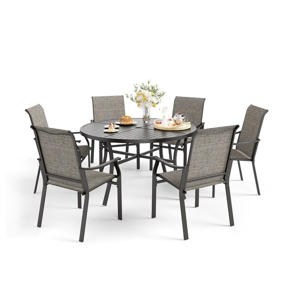 MAISON ARTS 5/7Piece Patio Dining Set，Round Metal Table and 4/6 Textilene Fabric Padded Armchairs