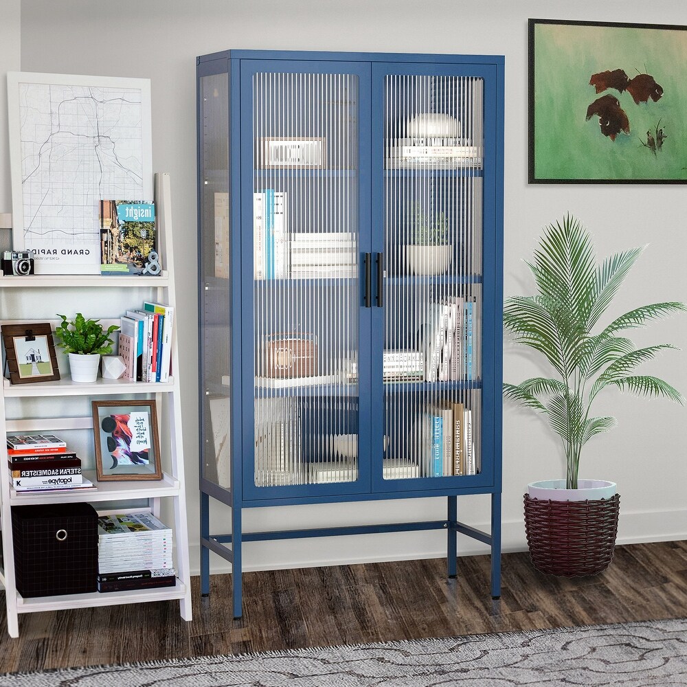 Double Glass Door Storage Cabinet Sideboard with Adjustable Shelves and Feet Cold Rolled Steel