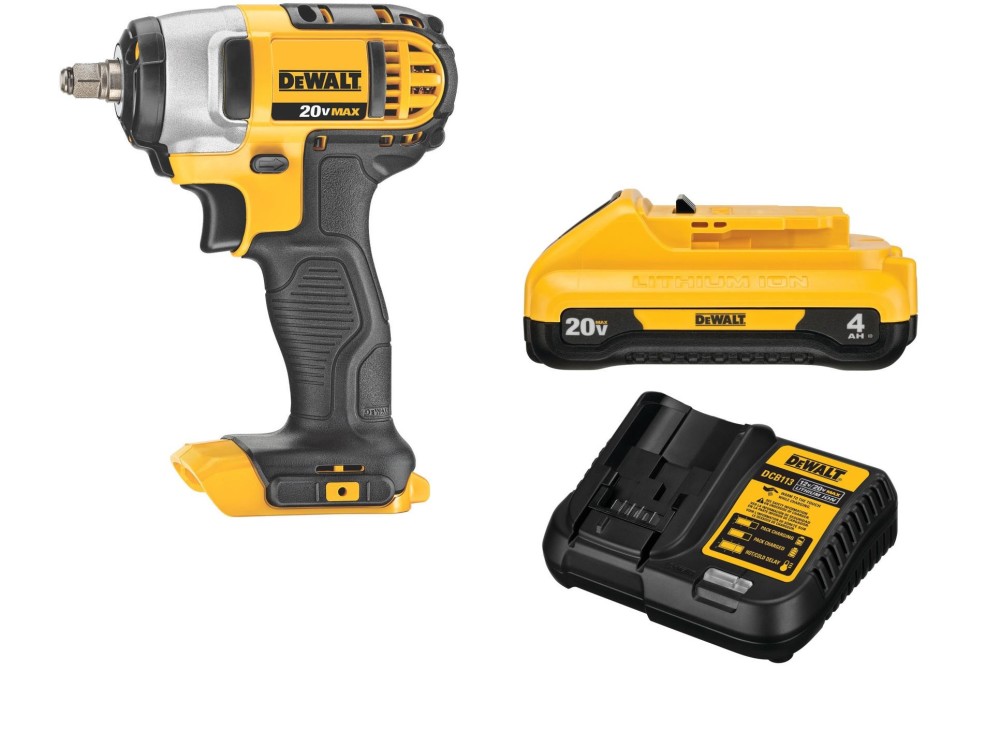 DEWALT 20V MAX 3/8 Impact Wrench with Compact 4Ah Battery Starter Kit Bundle ;