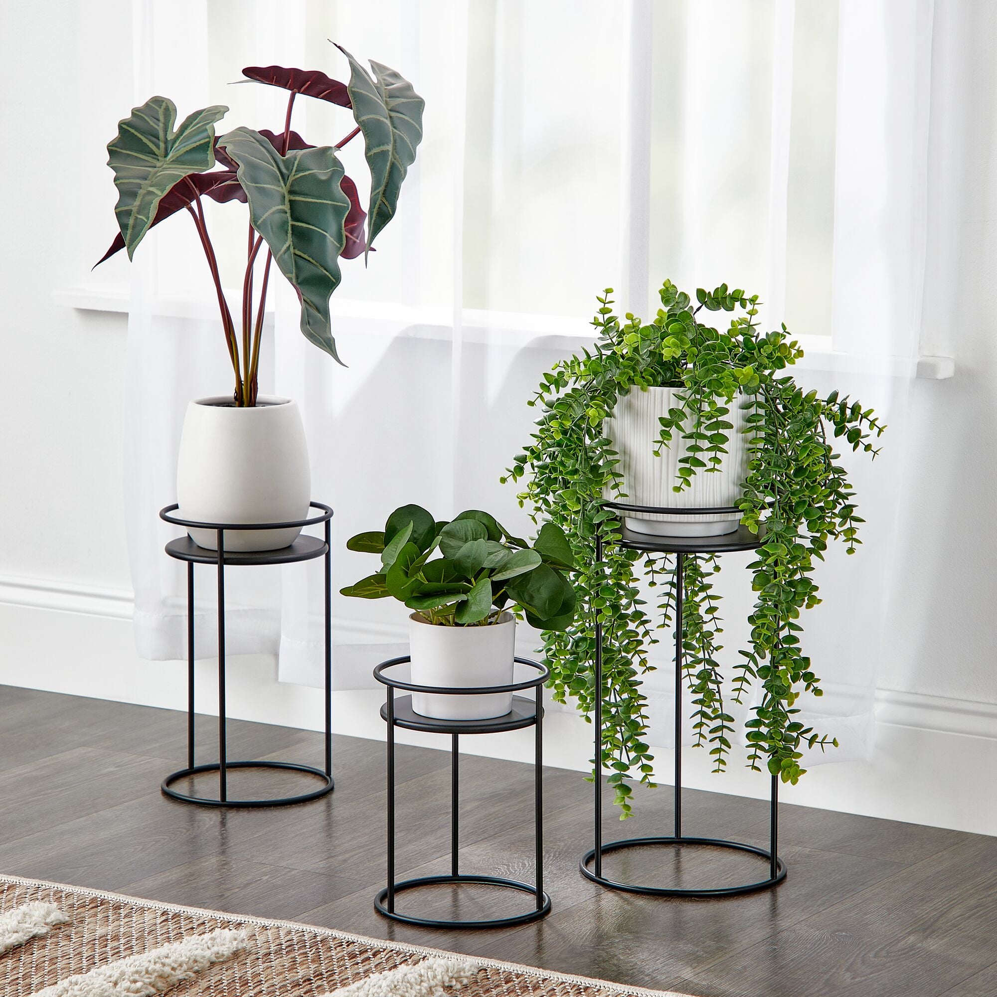 mDesign Metal 15-Inch Tall Circular Plant Stand, Planter Holder Contemporary Design Round Tray for Table, Garden; Holds Indoor/Outdoor Plants, Flower Pot - Concerto Collection - 2 Pack - Matte Black