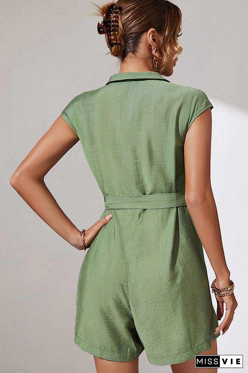 Green Turn Down Collar Zipper Romper