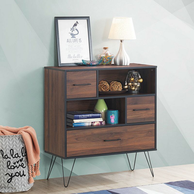 3-Tier Wood Storage Cabinet with Drawers and 4 Metal Legs