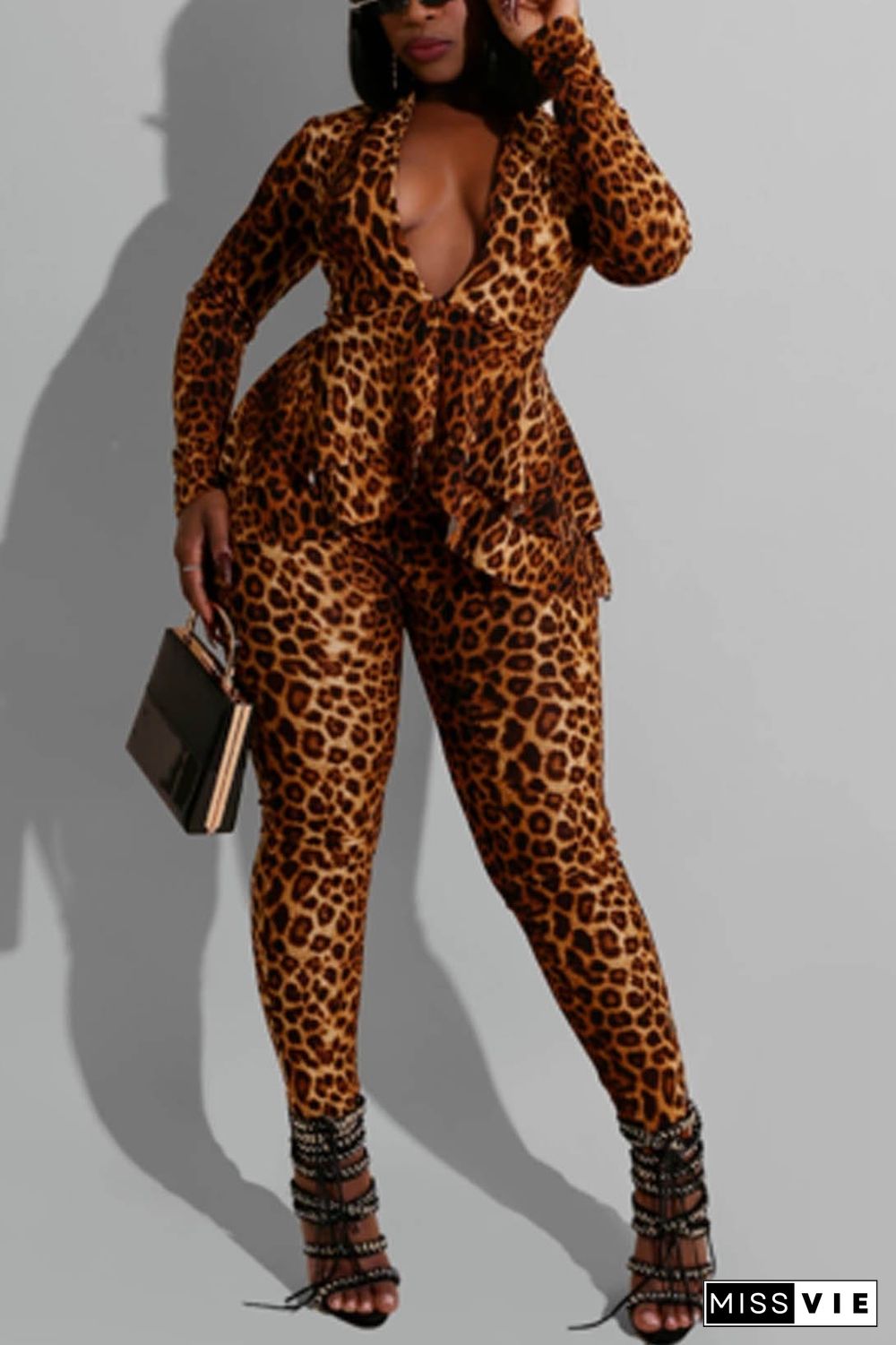 Leopard Printing Long Sleeve Pants Casual Set