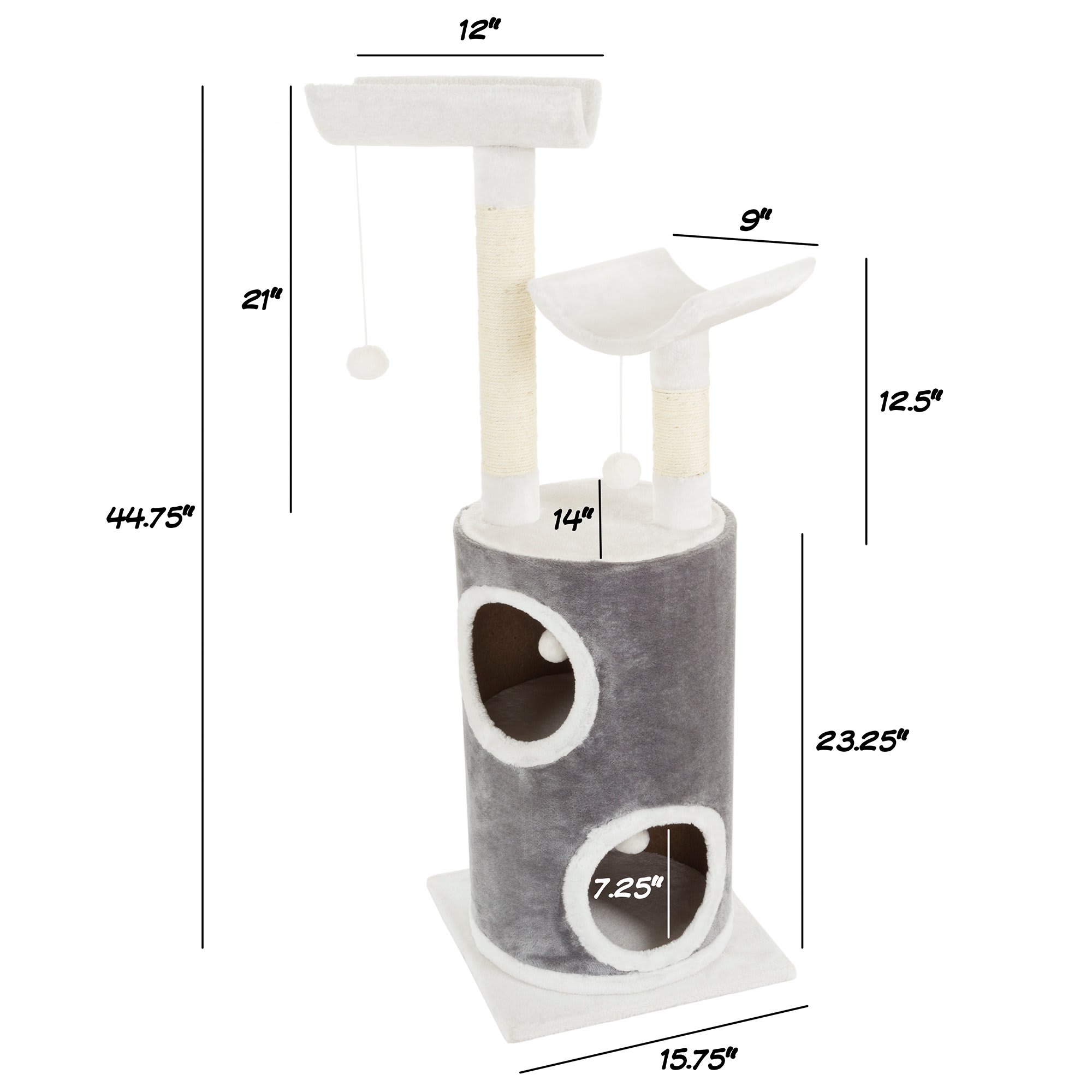 PETMAKER 5 Level Cat Tree Double Decker Condo with 4 Toys and 2 Scratching Posts in Gray， 44.75 H