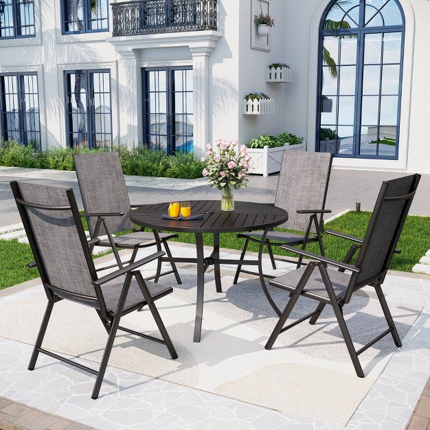 Captiva Designs 5pc Outdoor Dining Set With 7 position Adjustable Folding Chairs amp Round Metal Table With Umbrella Hole