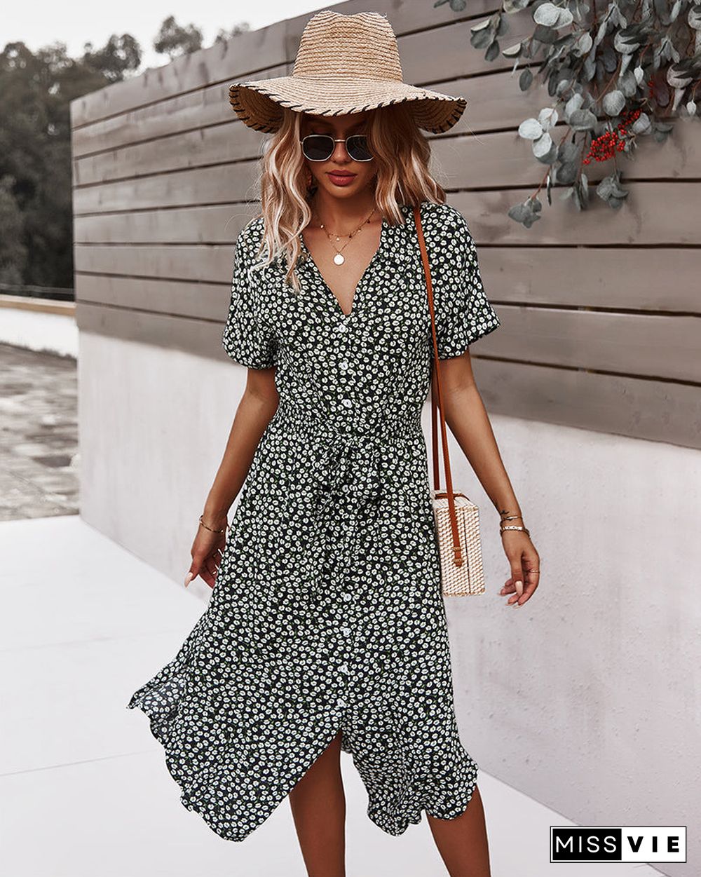 Short Sleeve Tie Waist V Neck Collar Midi Dress