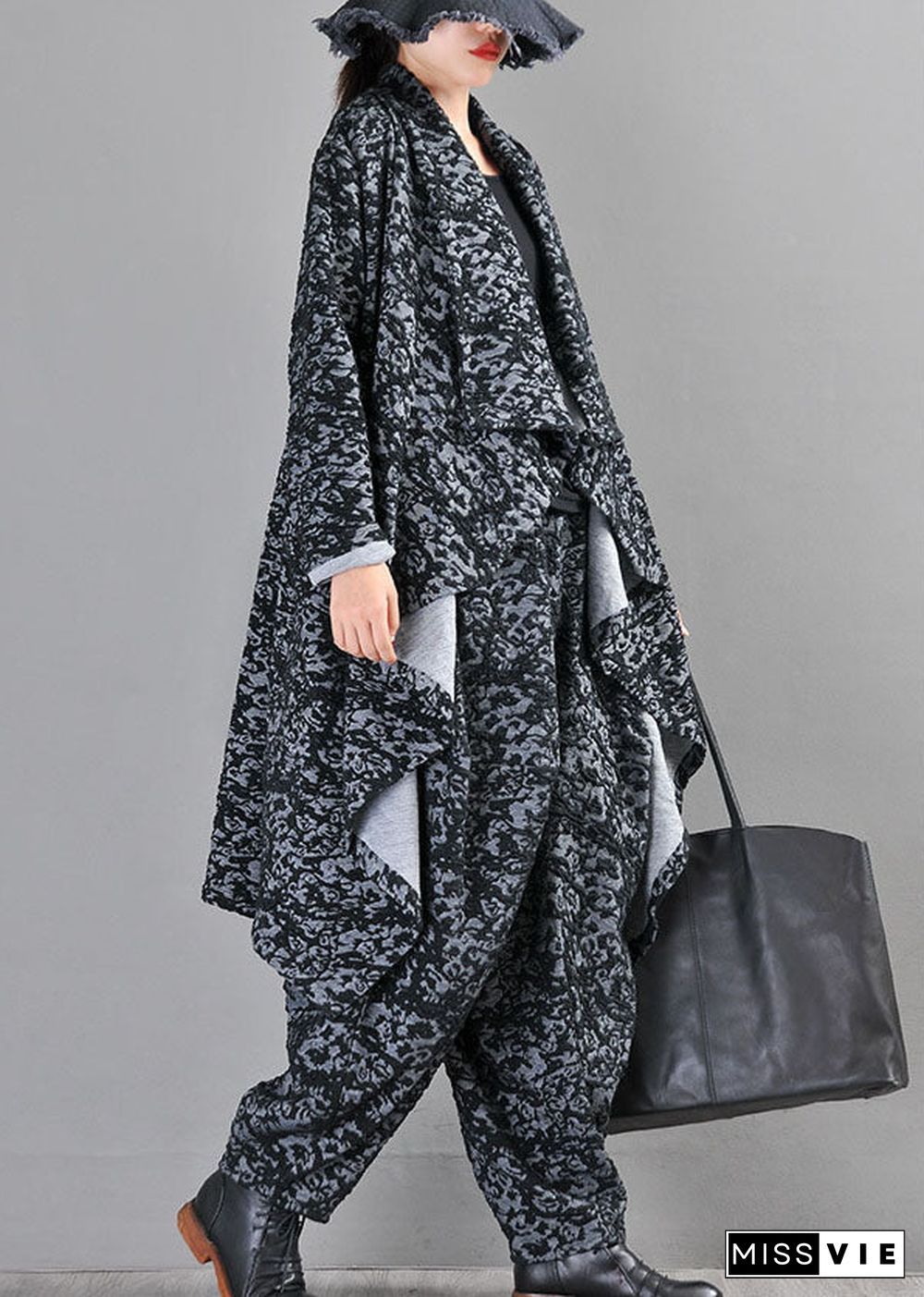 Boutique Black Grey Knit asymmetrical design Print Fall Coat