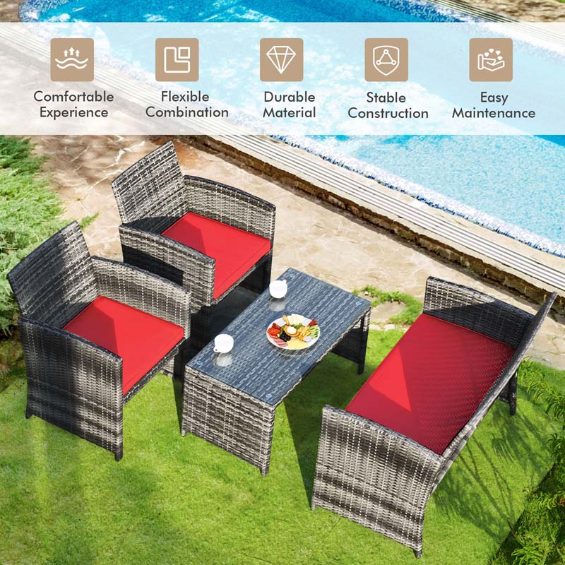 4 Pcs Rattan Wicker Patio Furniture Sets, Outdoor Conversation Sets with Loveseat, Table, Single Sofas