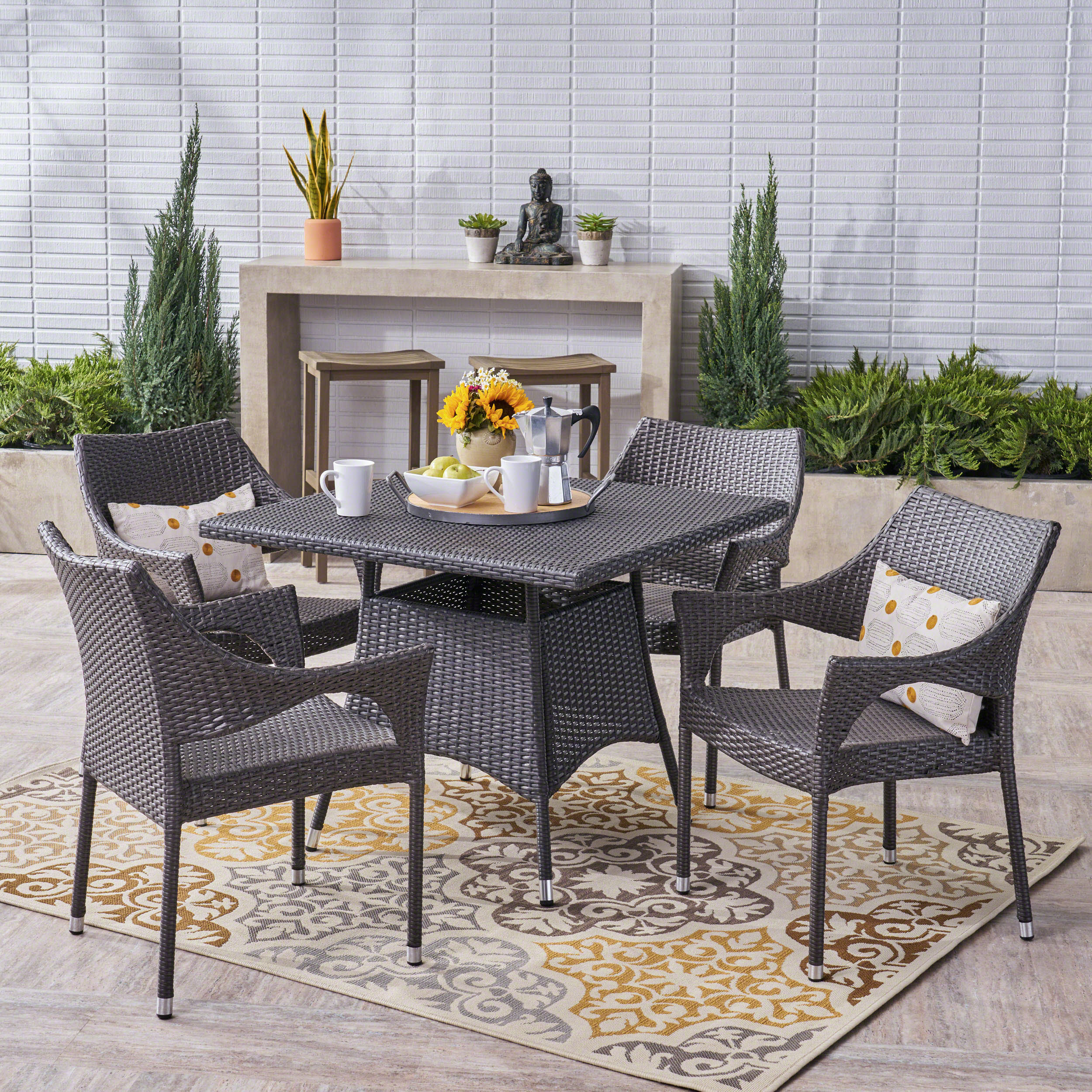 Anne Outdoor 5 Piece Wicker Dining Set, Grey