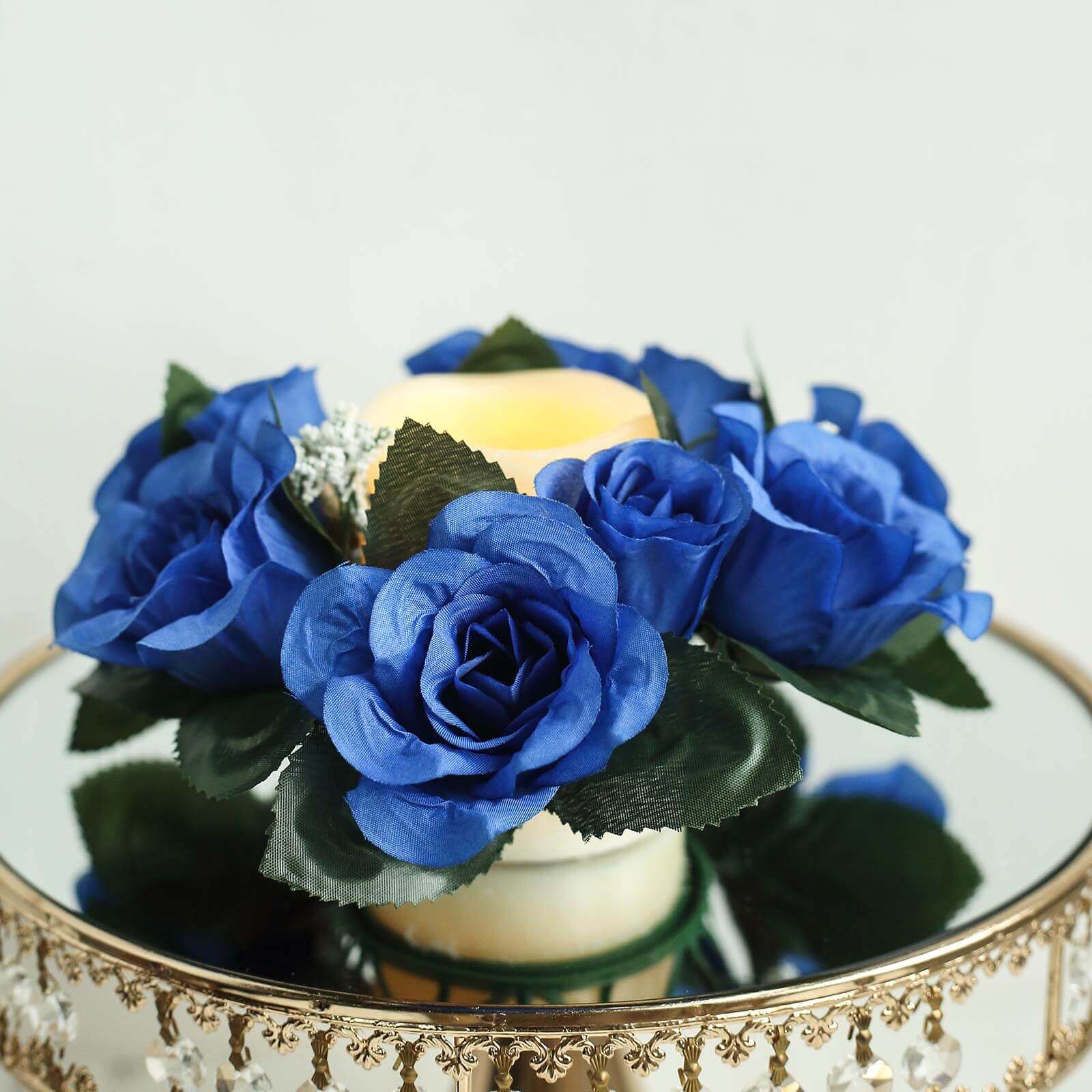 4 Pack Royal Blue Artificial Silk Rose Flower Candle Ring Wreaths 3