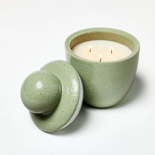 3 wick 18oz Ceramic Green Flame Candle With Knob Lid Designed With Studio Mcgee