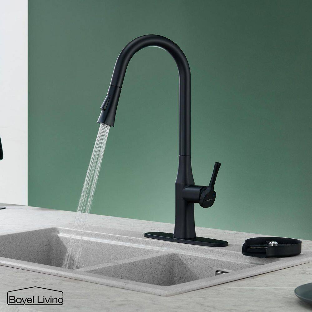 Boyel Living Single Handle No Sensor Pull Down Sprayer Kitchen Faucet with Deckplate Included and Glass Rinser in Matte Black BL-D3541-MB