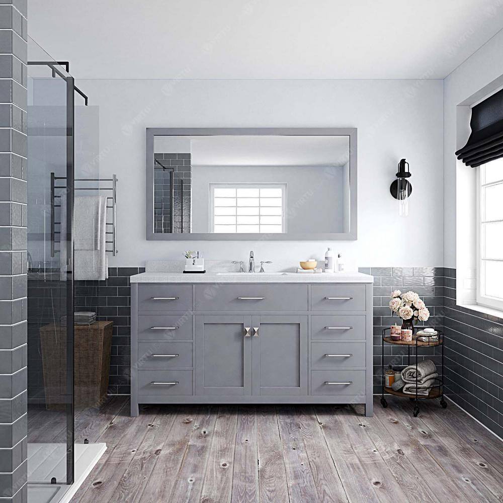 Virtu USA Caroline 60 in. W x 22 in. D x 35 in. H Single Sink Bath Vanity in Gray with Quartz Top and Mirror MS-2060-DWQSQ-GR