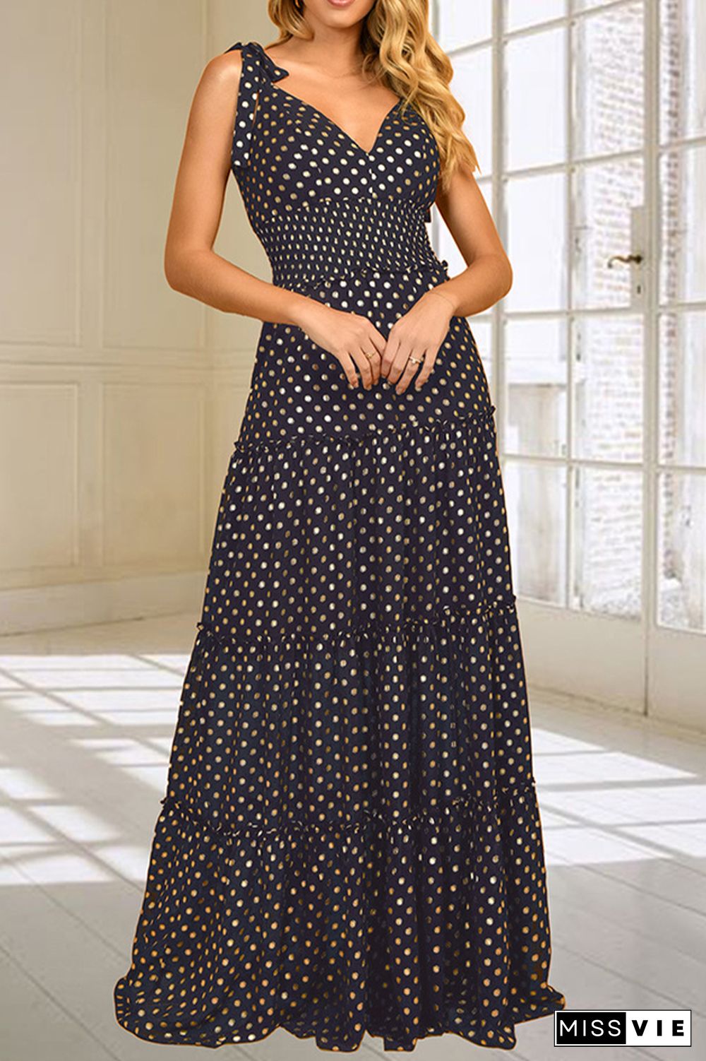 Polka Dot V Neck Sleeveless Long Dress Wholesale