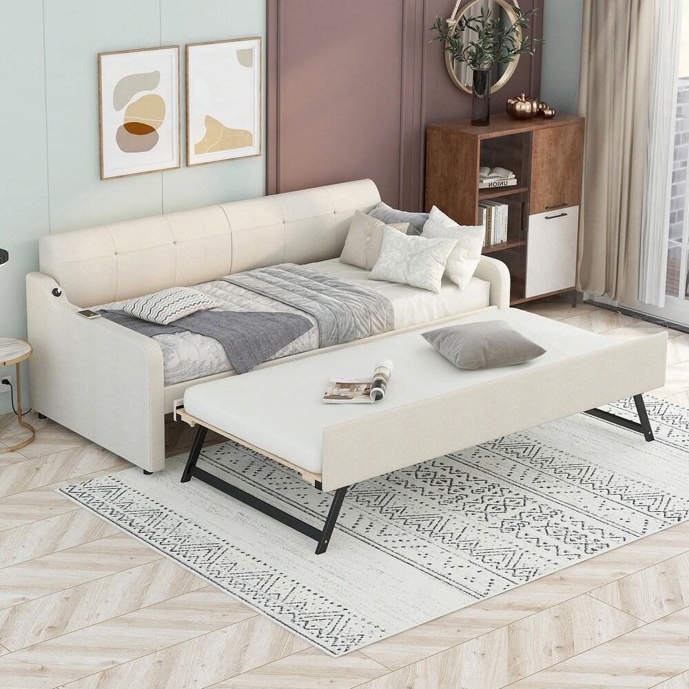 Twin Size Upholstered Daybed w/Trundle   USB Charging Design  Beige