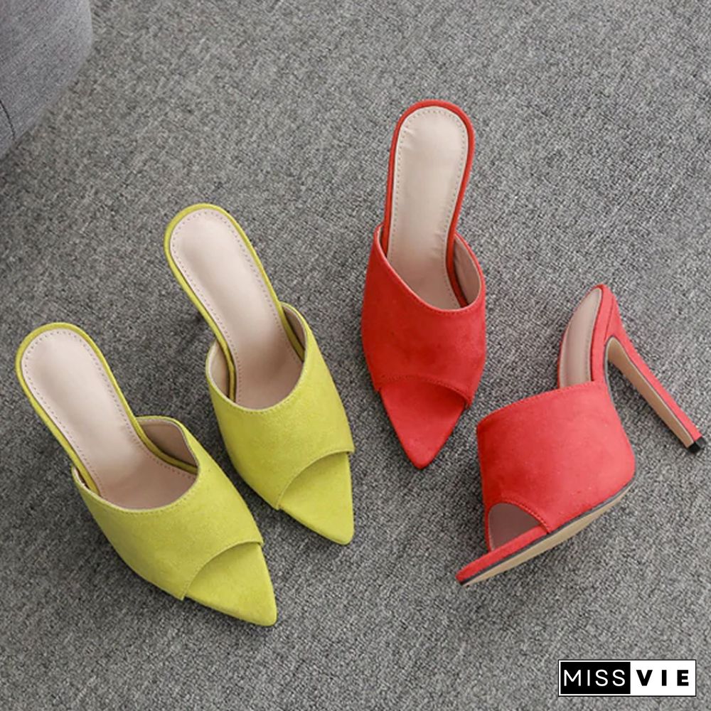 Woman Fluorescent Green Mules Slip On Sandals Peep Toe Slides High Heel Slippers