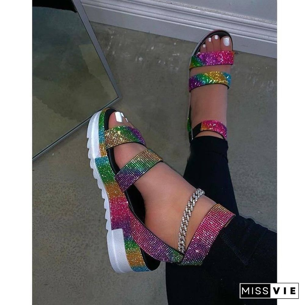 Summer Sandals Fashion Rhinestone Women's Shoes Open Toe Low Heel Outdoor Sandals Plus Size 43