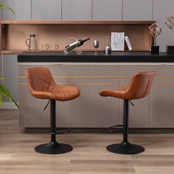 Modern Bar Stools Set of 2 Adjustable Mechanical Lifting PU and Black Leg Bar Stool， Chrome Footrest and Base Swivel Height