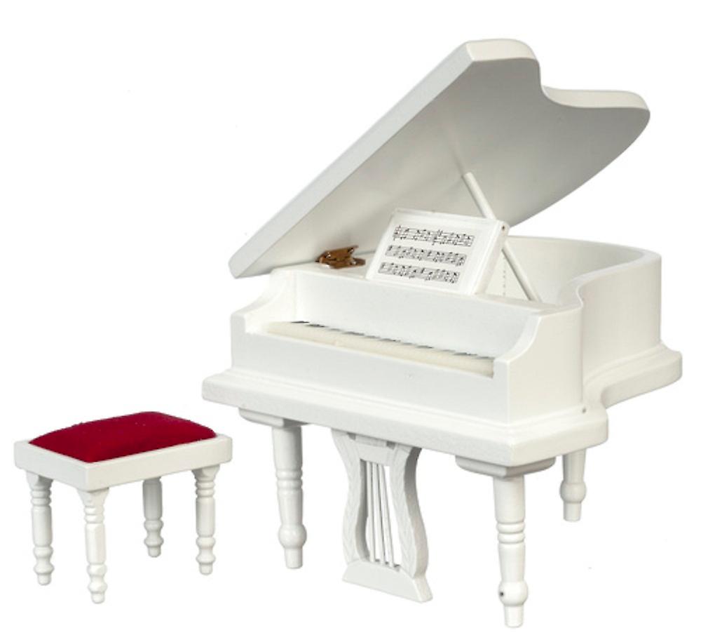 Dolls House White Grand Piano andamp; Bench Stool Miniature Music Room Furniture